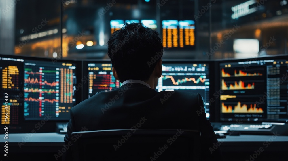 Poster a businessman analyzing stock market data on multiple monitors