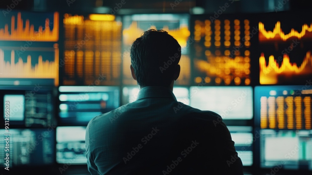 Poster Man Observing Data on Multiple Screens in a Dark Room