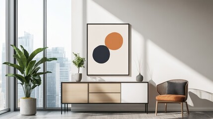 Modern Living Room with City View and Abstract Artwork