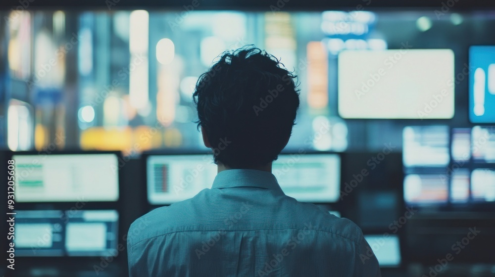 Poster a man stands before a wall of computer screens