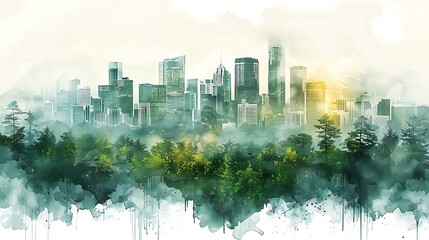 Naklejka premium A watercolor painting of an urban skyline merging with a tranquil forest, city architecture blending with dense foliage, cool city tones transitioning into warm forest hues,