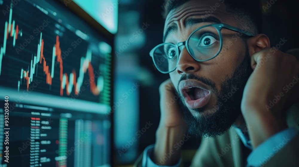Poster shocked man looking at stock market chart on computer screen