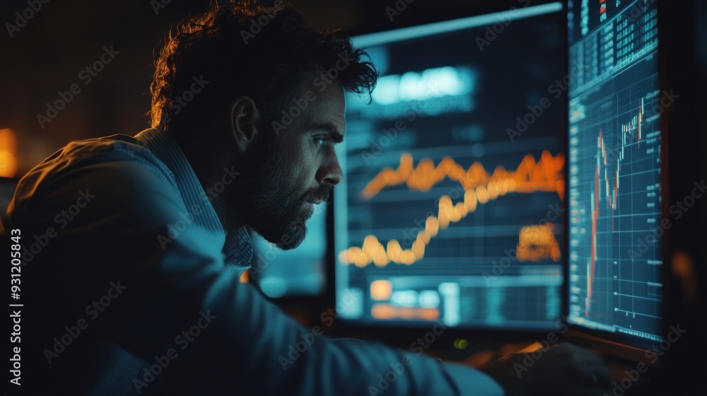 Poster Man Focused on Stock Market Data on Computer Screen