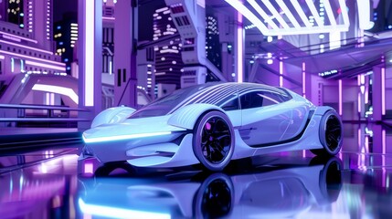 Obraz premium Futuristic white car in neon-lit city with modern architecture, sleek curves, elegant design, cool color temperature, blue & purple hues, soft