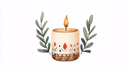 Serene Glow: A watercolor candle, adorned with earthy tones and tribal patterns, flickers peacefully amidst delicate foliage, radiating warmth and tranquility. 