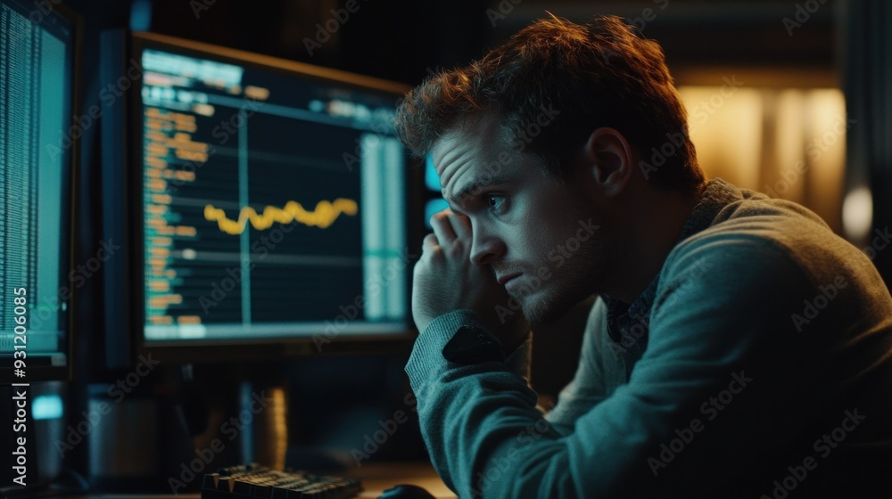 Poster Man looking intently at a computer screen with a graph displayed.