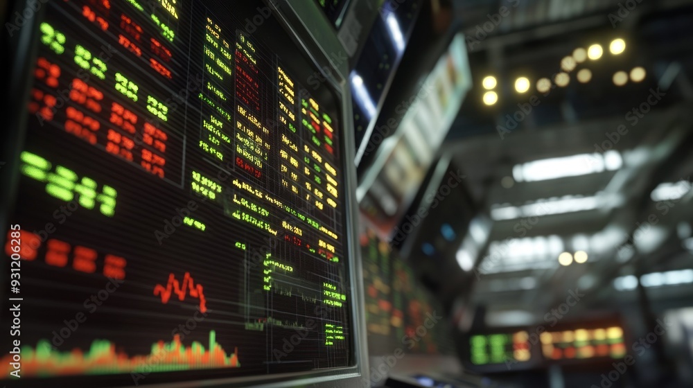Poster Close-up of a Stock Market Ticker Display with Red and Green Numbers and a Graph