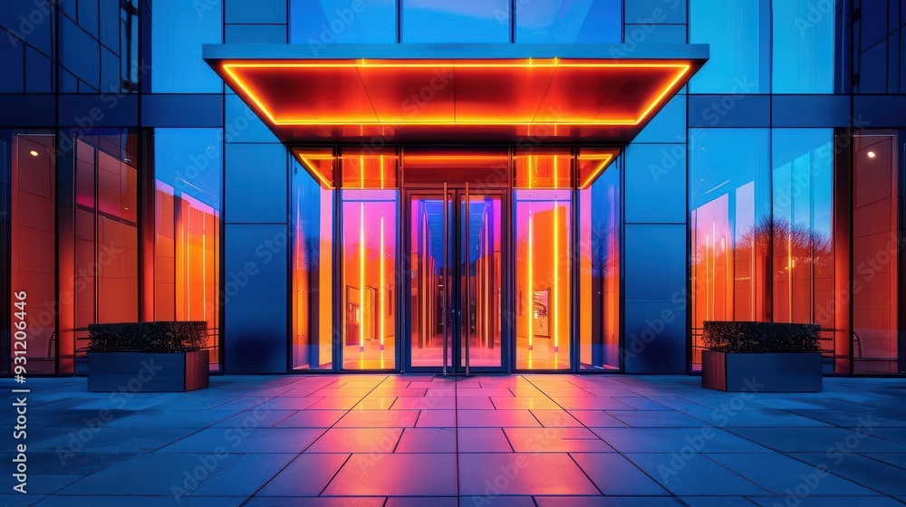 Aufkleber the entrance to a building is illuminated by lights generate ai image
