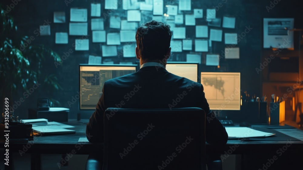 Poster A Man in a Suit Working at a Desk with Multiple Monitors