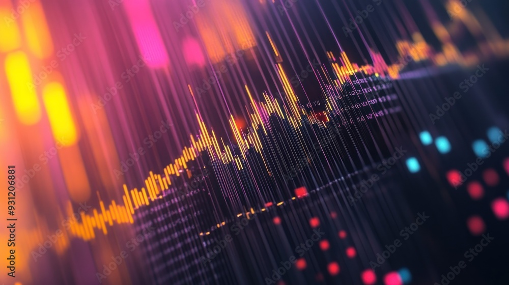 Poster abstract digital data visualization with vertical lines, blurry lights, and numbers