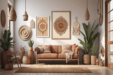 Warm wabi sabi style interior with clay niche, beige walls and ethnic home decor. Wall mockup, 3d rendering