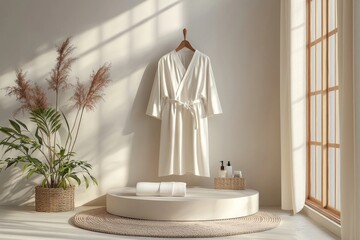 Realistic 3D model of T-Pajamas displayed on a mannequin, positioned on an elegant podium. The isolated background accentuates the product, providing clear and detailed visualization of the fabric