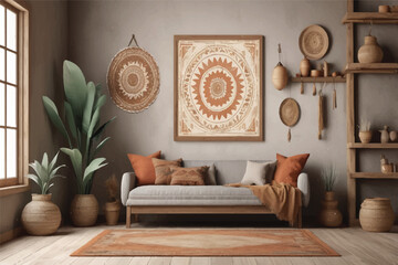 Warm wabi sabi style interior with clay niche, beige walls and ethnic home decor. Wall mockup, 3d rendering