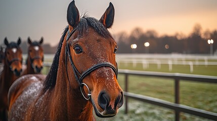 Obraz premium Line of Brown Horses with Black Manes on a Racetrack, Looking at the Camera Over Wooden Fences, with Green Grass and White Floodlights in the Late Afternoon Light