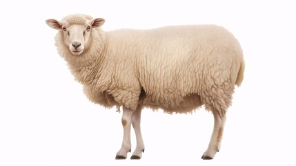 Fototapeta premium The Gentle Gaze of a Sheep: A single sheep stands against a white backdrop, looking directly at the camera with a gentle, curious expression.