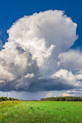 A large cloud is in the sky above a field