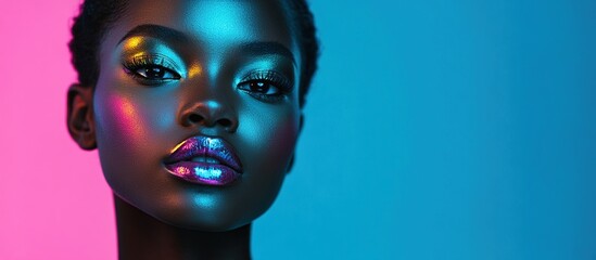 Close-up Portrait of a Young Woman with Bold Makeup. Stylish colored portrait of a dark-skinned girl in color lighting, blue pink and green filter. Fashion and beauty concept. AI generated image
