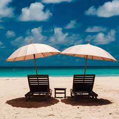 Fototapeta premium Two lounge chairs and umbrellas on a pristine white beach, overlooking a turquoise ocean.