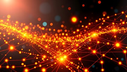 Fototapeta premium Glowing orange and yellow abstract network of interconnected lines and dots, creating a futuristic and technological atmosphere