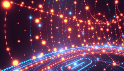 Glowing orange and yellow abstract network of interconnected lines and dots, creating a futuristic and technological atmosphere