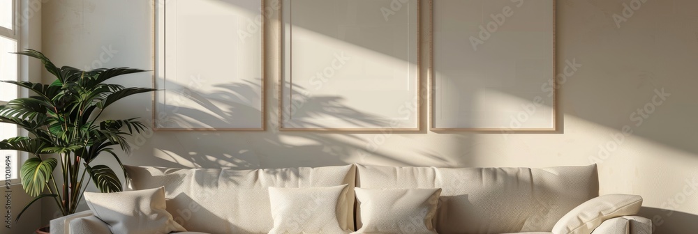 Poster empty frames in fall colors displayed on a wall, casting shadows in a warm living space.