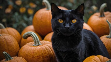a black cat sitting among several orange pumpkins, halloween, black cat, pumpkins, autumn, yellow eyes, contrast, pet, feline, harvest, orange, black, mysterious, superstitious, festive, season