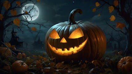 a large pumpkin carved like a Jack-o'-lantern illuminated from within, in a dark night sky with a bright full moon and trees, halloween, pumpkin, Jack-o'-lantern, full moon, night, autumn