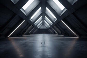 Abstract concrete hallway with light streaming in.