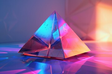 A floating pyramid made of holographic panels, each side displaying a different color gradient