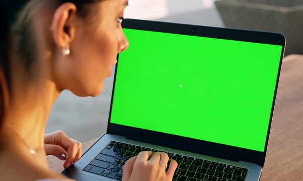 Chroma Green Screen Over-the-Shoulder Shot of Woman Editing Photo on Laptop