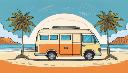 Travel van in front of a beach Hand drawn illustration, travel van Hand drawn illustration