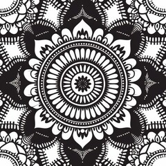 Intricate black and white mandala pattern on white background with copy space, deep depth of field covering all objects.
