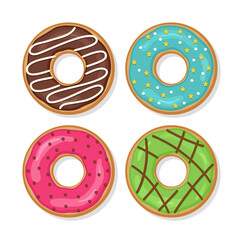 Chocolate confectionery set. Glazed donuts top view. Doughnuts with glossy icing. Set sweet birthday pastry. Confectionery dessert isolated on white background. Flat design. Vector illustration.