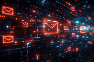 Neon glowing email icons in dark digital matrix background. Concepts of communication, technology, and digital correspondence.