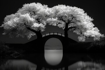 Ethereal cityscape with geometric bridge, inspired by life and death, dreamlike infrared view of Lycoris radiata.