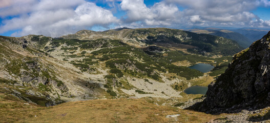 Panoramic view of Galcescu and Vidal lake in the Parang mountains, Romania. 
