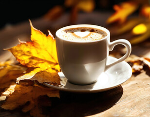 cup on table and yellow leaves. autumn vibe.