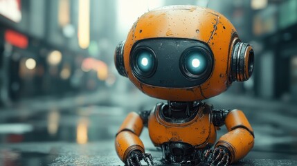 A Small Orange Robot in a City