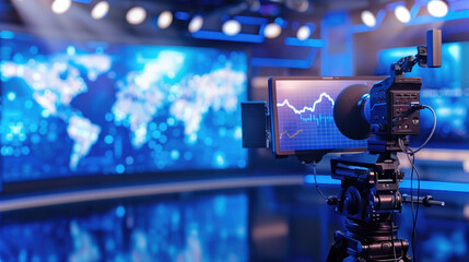 Professional video camera in a modern studio with digital world map background and financial graph display. Concepts of broadcasting, global news coverage, and financial reporting.