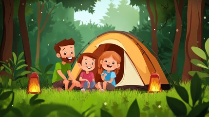 Dad with children enjoys wonderful camping adventure in forest, filled with smiles and laughter