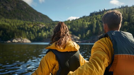 Fototapeta premium Couple enjoying recreational voyage expedition in nature, deep depth of field, copy space, all objects in focus