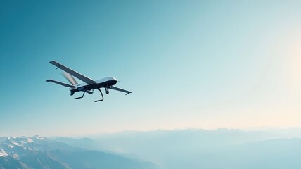 Lone drone hovering in mid-air against clear blue sky.
