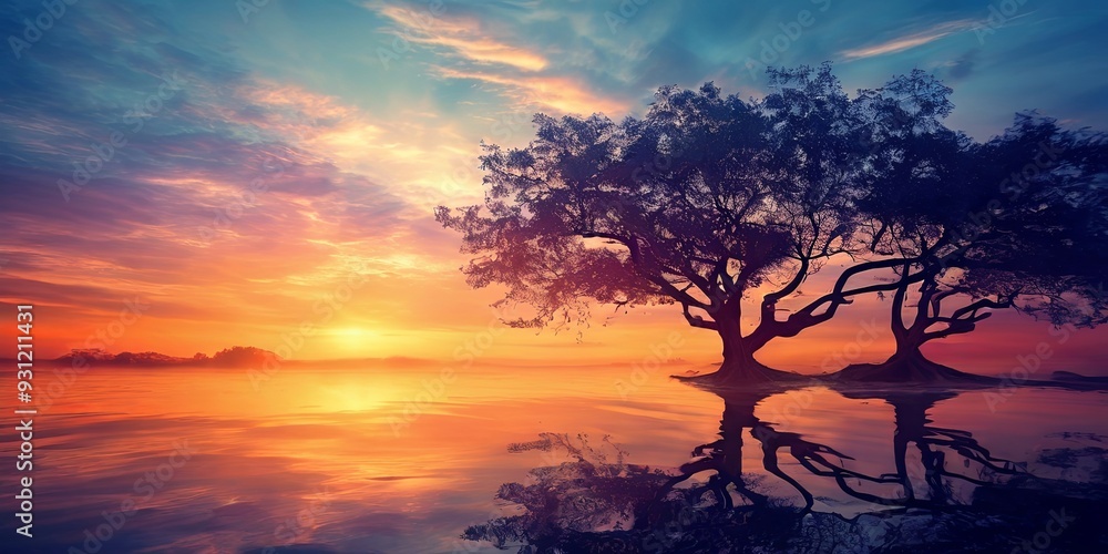 Poster a beautiful sunset over a lake with two trees in the foreground