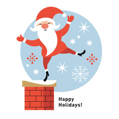 Santa Claus is dancing on the chimney. Gift card. Christmas card design
