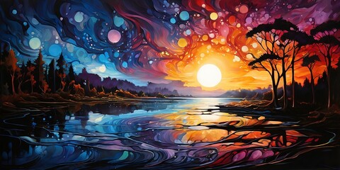 Obraz premium A painting of a sunset with a large sun and a body of water wallpaper 