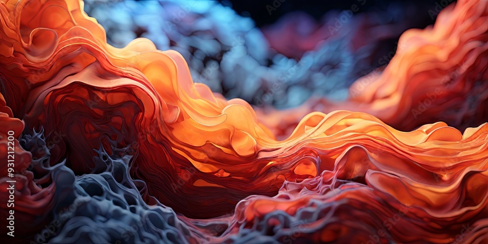 Poster The image is a colorful abstract of a wave with orange and blue tones A painting of a sunset over the ocean with palm trees in the background  wallpaper