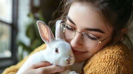 Young Woman with Adorable Rabbit Indoors Close-Up Portrait