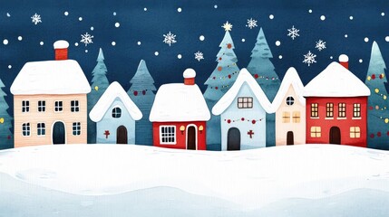 Ice-covered Christmas village, festive spirit in every home, twinkling lights and joyful scenes, Watercolor style