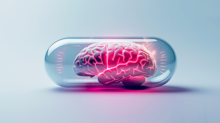 A transparent capsule pill with human brain inside is illustrated highlighting the concept of cardiology or brain disease treatment