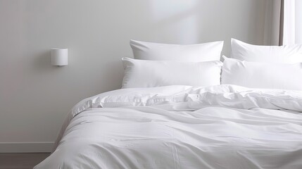 Detailed image of minimalist bedroom with white sheets, no clutter, copy space, fully focused on objects, deep depth of field.